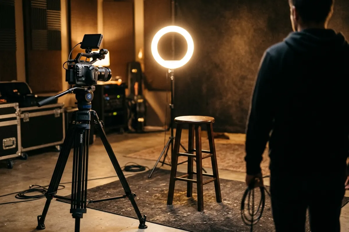Casting odasında ışık altında duran boş sandalye ve tripod üzerindeki kamera